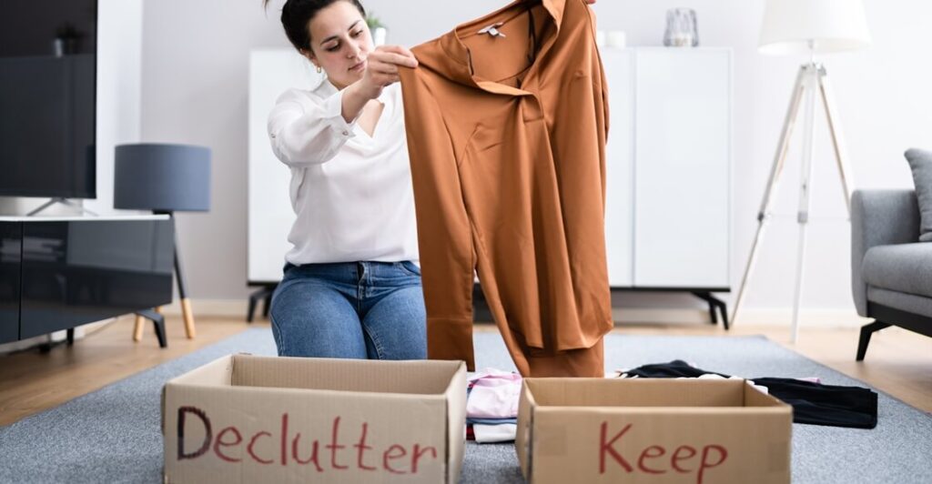 Young woman decluttering clothes.